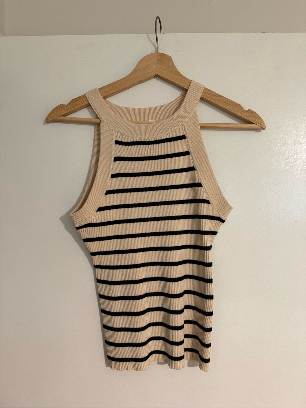 Sleeveless Ribbed Halter Tank Top - Beige with Black Stripes